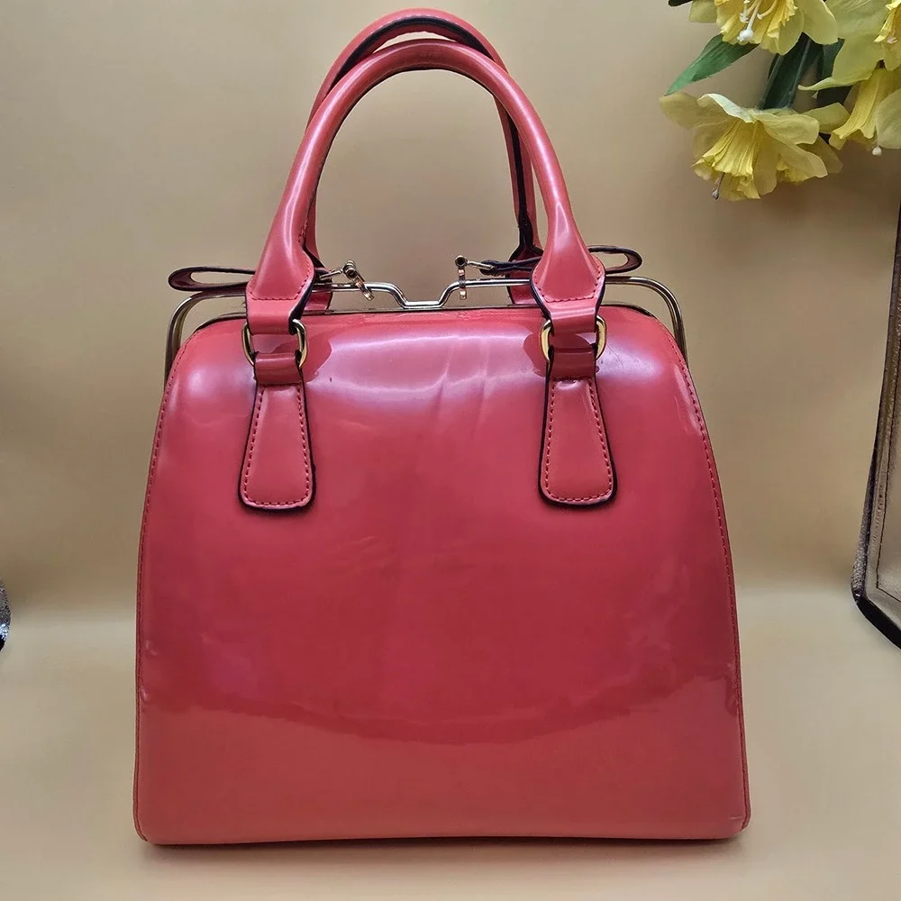 Coral Pink Patent Faux Leather Doctor Bag Satchel Leopard Print Lining Vintage